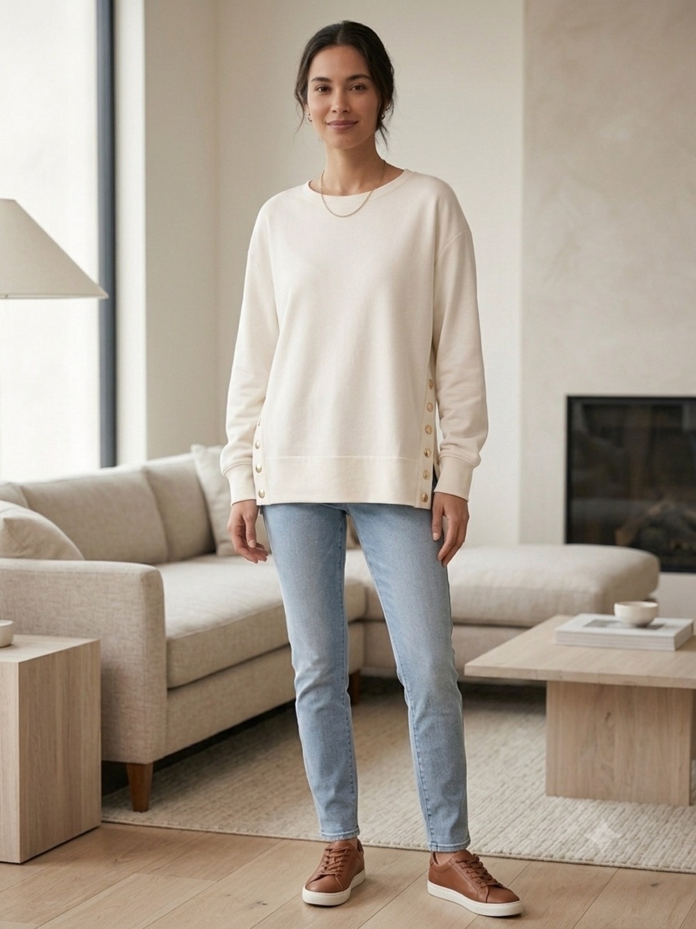 Chicos Women's Cream Button-Accent Long Sleeve Oversized Top Ultra Soft